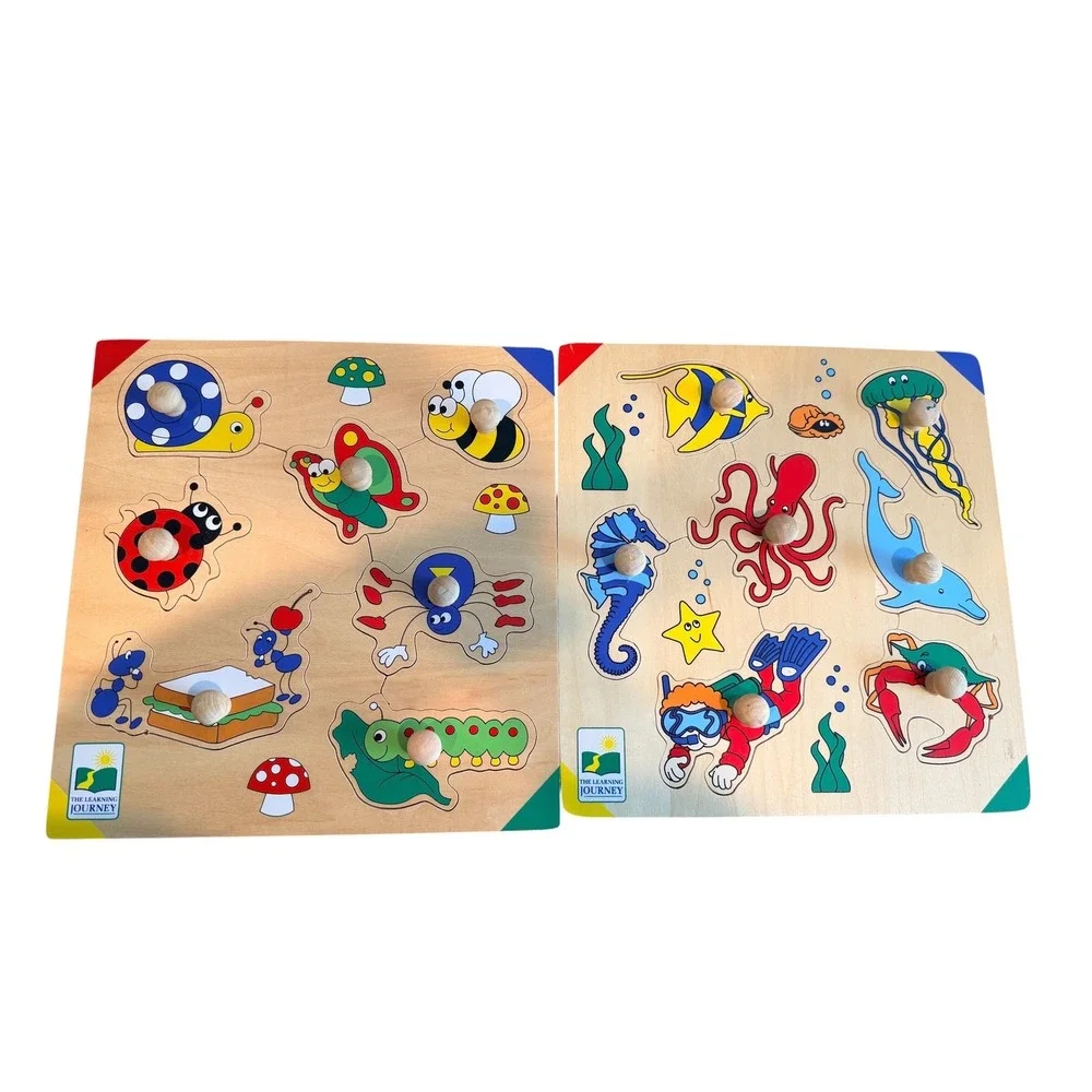The Learning Journey Wooden Peg Puzzle Set of 6 with Blue Metal Storage Rack